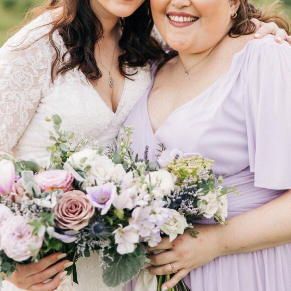 David's Bridal Long Mesh Dress with Flutter Sleeves - Color Iris - Picture 2 of 4